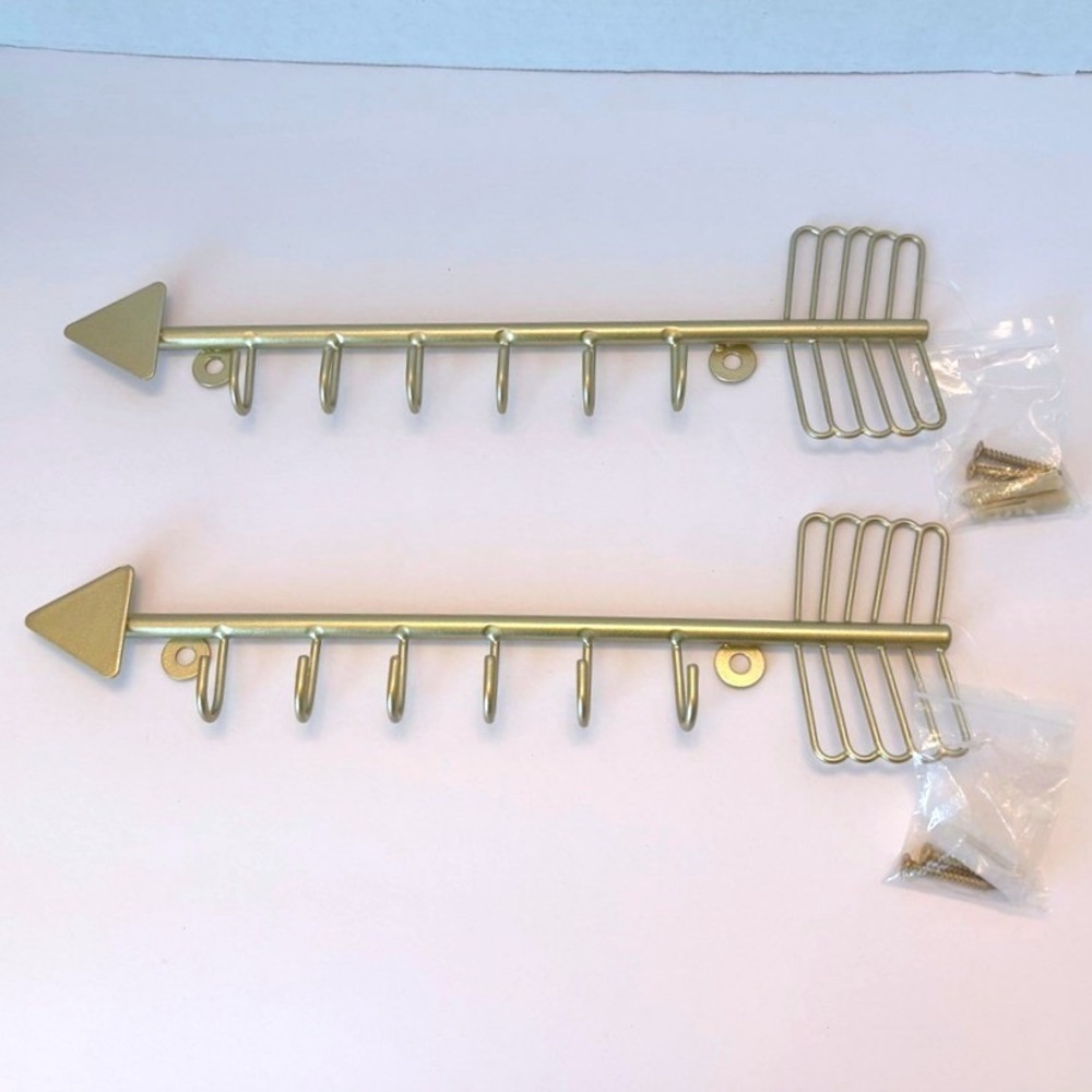 Set of 2 Brass‎ Tone Arrow Wall Hook Organizers Dorm Western Eclectic Whimsical